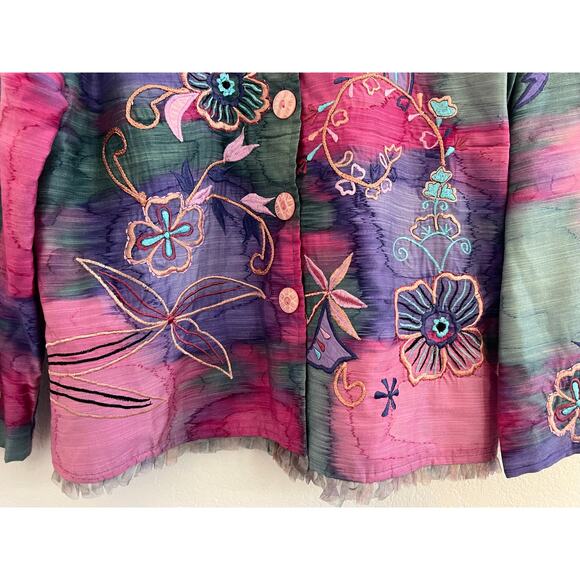 Carina Floral Embroidered Button Down Jacket Womens XL Fairy Cottagecore Rainbow - Picture 14 of 16